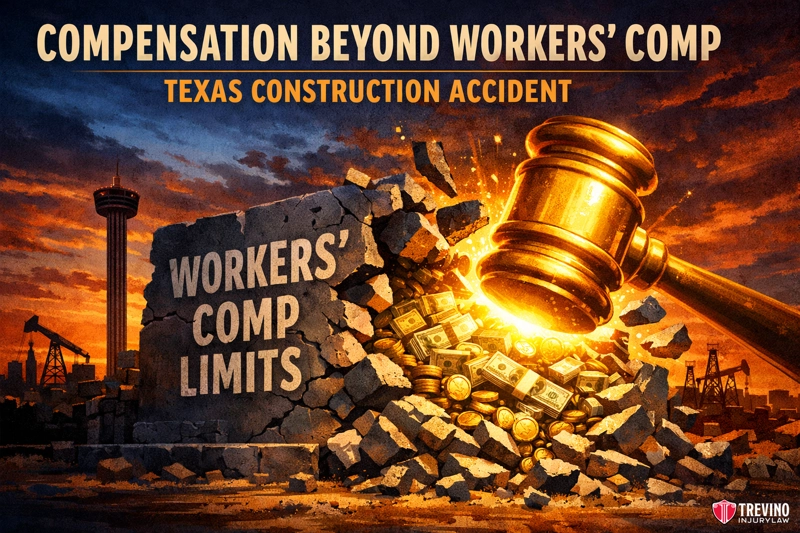 Compensation beyond workers comp texas construction accident. A large gavel smashes through a stone wall labeled “WORKERS’ COMP LIMITS,” with coins and cash flying out. In the background, a Texas city skyline with cranes and construction sites is visible. Text reads: "COMPENSATION BEYOND WORKERS’ COMP: TEXAS CONSTRUCTION ACCIDENT.