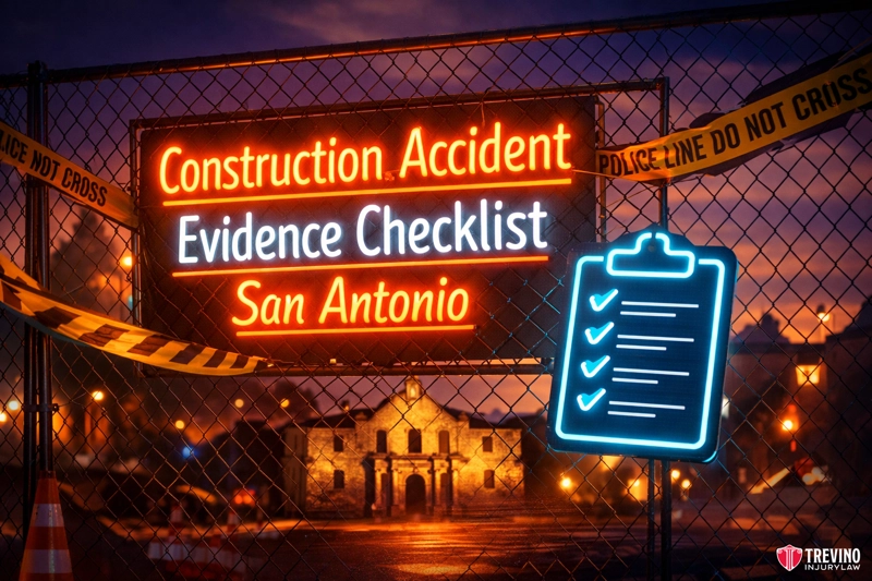 Construction accident evidence checklist San Antonio. A neon sign reading "Construction Accident Evidence Checklist San Antonio" hangs on a fence with police tape and a glowing clipboard icon. The Alamo is visible in the background at dusk, with the Treviño Injury Law logo in the lower right corner.