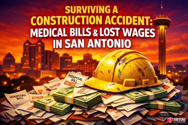 construction accident medical bills and lost wages san antonio. A yellow construction helmet sits on piles of cash and past-due hospital bills, with a city skyline and dramatic sunset in the background. Bold text reads: "Surviving a Construction Accident: Medical Bills & Lost Wages in San Antonio.