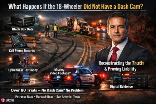 dash-cam-18-wheeler. A serious-looking man in a suit stands on the right. To the left are images of police, a crashed truck, investigators, a police car, and digital evidence icons. Text discusses reconstructing crashes without dash cams using black box data, phone records, and eyewitnesses.