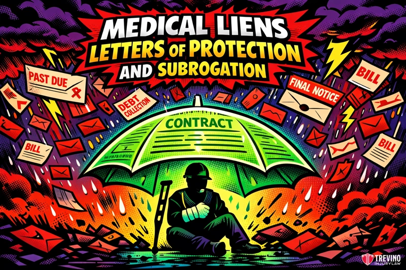 Medical liens letters of protection and subrogation. A distressed person sits under a giant umbrella labeled “CONTRACT,” shielding them from flying bills, debt notices, and warnings. Bold text above reads “MEDICAL LIENS, LETTERS OF PROTECTION AND SUBROGATION.” The scene is chaotic, with lightning bolts and swirling clouds.