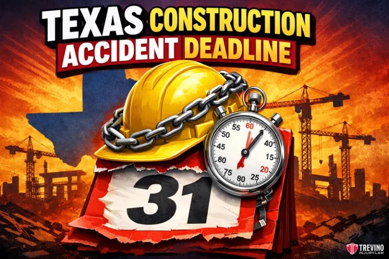 Texas construction accident lawsuit deadline. A torn calendar page with “31,” a yellow hard hat wrapped in chain, and a stopwatch are in the foreground. Silhouettes of construction cranes are in the background. Bold text reads: “Texas Construction Accident Deadline.” Trevino Injury Law logo in corner.