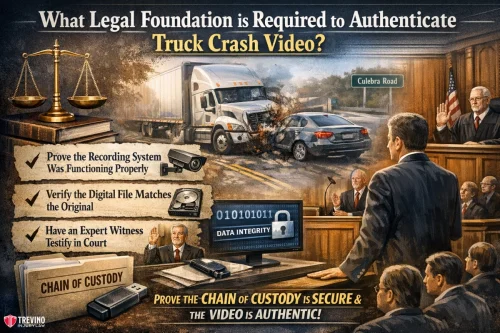 truck-crash-video. A courtroom scene shows a lawyer presenting truck crash video evidence. A large screen displays a truck colliding with a car. Legal steps—proving system function, matching files, expert testimony, and chain of custody—are listed beside icons. The judge and jury observe intently.