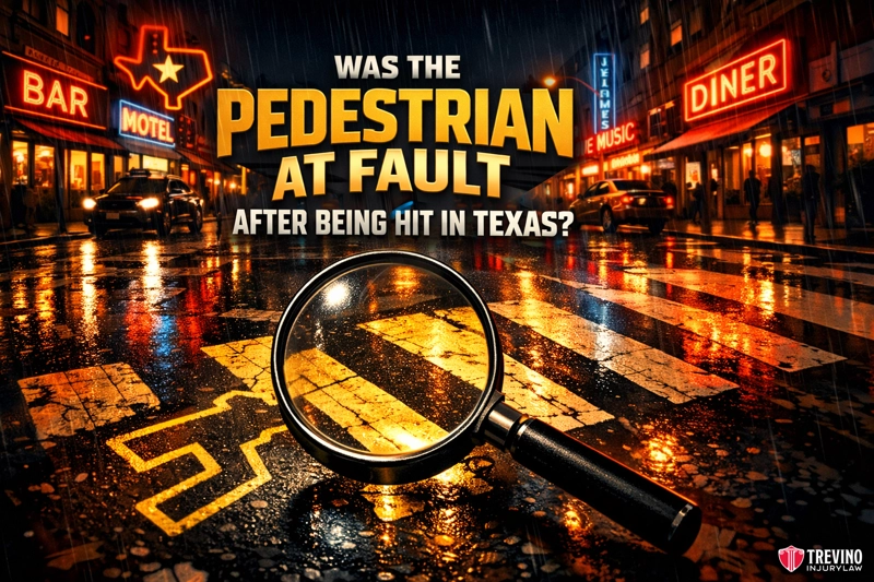 Was the pedestrian at fault after being hit in Texas? A magnifying glass enlarges a pedestrian crosswalk symbol on a wet street at night, surrounded by neon-lit bars, a diner, and shops. Bold text asks, “Was the pedestrian at fault after being hit in Texas?” Treviño Injury Law logo is at the bottom right.