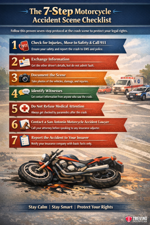 An illustrated 7-step checklist for motorcycle accident scenes in San Antonio, featuring a damaged motorcycle. Steps include checking for injuries, calling 911, documenting the scene, and contacting a Motorcycle Accident Lawyer.
