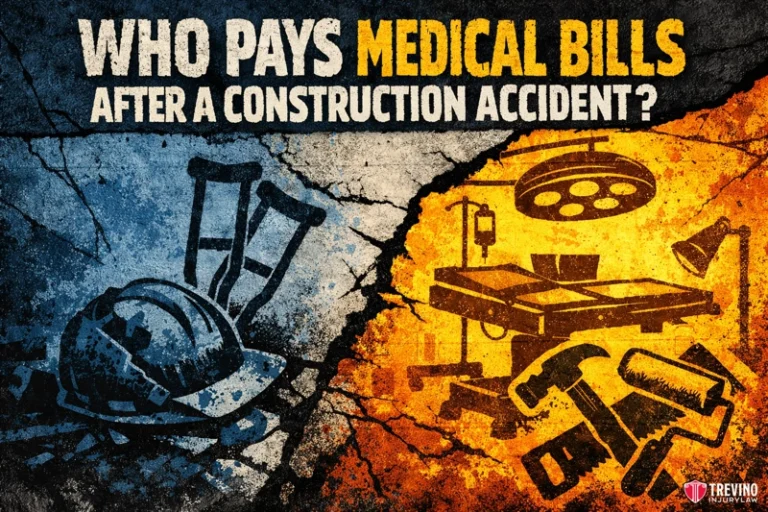 Who pays medical bills after a construction accident? Text reads: “Who pays medical bills after a construction accident?” Image shows a cracked background split into blue (left) with crutches and a hard hat, and orange (right) with an operating table and tools. Trevino Injury Law logo appears at the bottom right.