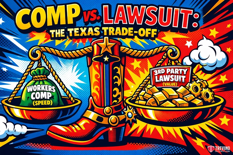 Workers comp vs third party lawsuit Texas. A vivid comic-style image shows a Texas-themed scale. One side holds a bag labeled “Workers Comp (Speed),” the other has gold coins and a sign, “3rd Party Lawsuit (Value).” A large cowboy boot stands in the center. Bold text reads: “COMP VS. LAWSUIT: THE TEXAS TRADE-OFF.”.