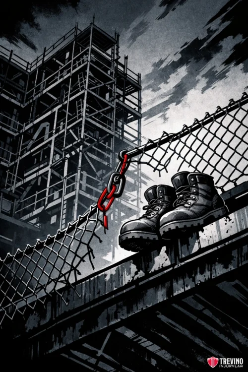 1.-Falls from Heights Scaffolding and Roofing. A pair of black boots sit on a broken chain-link fence, which is secured by a red padlock. In the background, a tall, unfinished steel building rises against a cloudy, gray sky, creating a dramatic, gritty scene. The image is signed "TREVINO INDUSTRY.LA.
