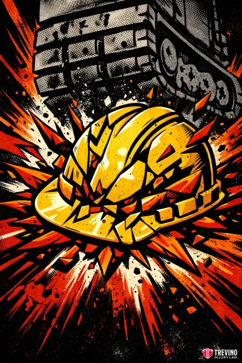2.-Struck By Heavy Equipment and Work Zone Vehicle Accidents. A yellow construction hard hat is being crushed by a large vehicle tread, creating a dramatic explosion of orange and red shards and debris. The image uses bold, comic-style lines and intense colors. The Treviño Injury Law logo appears in the bottom right corner.