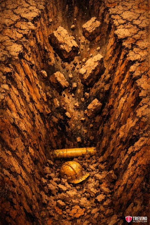 3.-Caught InBetween Trench Collapses and Crush Hazards. A deep, rugged trench with large chunks of earth scattering downward. At the bottom, a yellow construction helmet and a rolled blueprint lie abandoned on dusty rubble, suggesting a halted construction project. The image is gritty, with earthy tones.