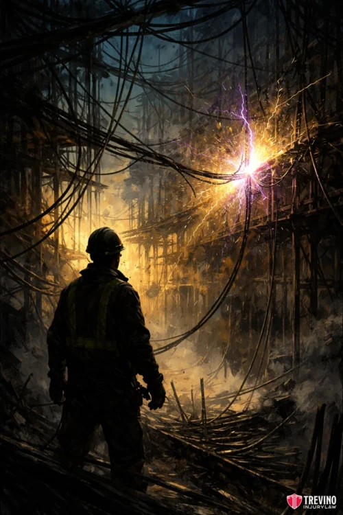 4.-Electrocution and Utility Contact Accidents. A silhouette of a worker in safety gear stands amid a smoky, debris-filled industrial site. Exposed wires spark with bright, purple and orange electricity, illuminating the chaotic, tangled metal structure in the background. Logo "Trevino" is at the bottom right.