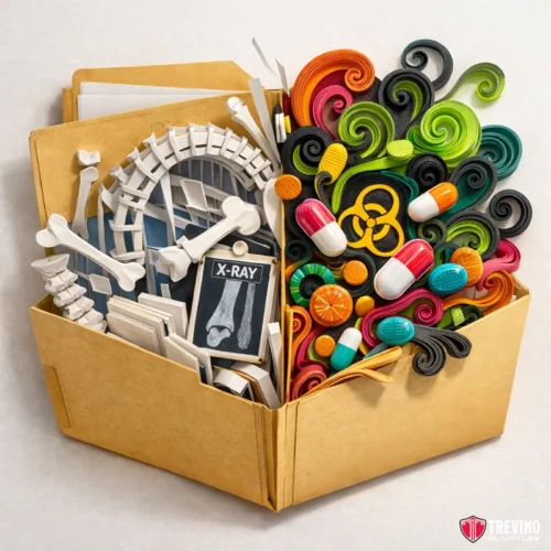 Advanced Application How Accident Types Dictate Medical Evidence. A file folder split into two sections: the left is filled with paper, bones, X-rays, and medical forms in white and gray, while the right bursts with colorful pills, capsules, candies, and swirling shapes, symbolizing medicine and chaos.