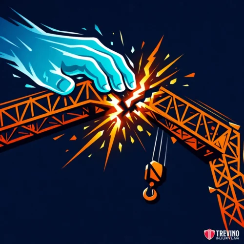 Apportioning Liability When Operator Error and Mechanical Defects Intersect. A large blue hand breaks an orange construction crane in half, causing sparks and debris to fly. The background is dark blue, and the logo "Trevino Injury Law" is in the lower right corner. The broken crane’s hook hangs loosely below the break.