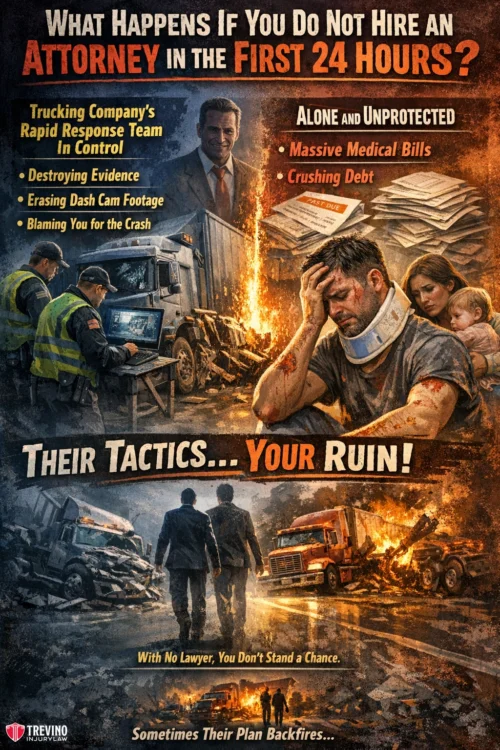 Attorney-first-24-hours. A dramatic illustration showing a lawyer with officials at a truck crash site, a distressed man with a child in his arms amid fire and debris, and two people walking towards smoke. Text warns of hardships without a lawyer after an accident.
