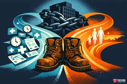 Bridging the Gap Wrongful Death Claims vs. Survival Actions. A pair of worn work boots sits at the center. Behind, a building is chained and locked. Blue symbols of clocks, documents, and medical icons swirl left, while a warm orange path with a family holding hands swirls right. Logo: Trevino Injury Law.