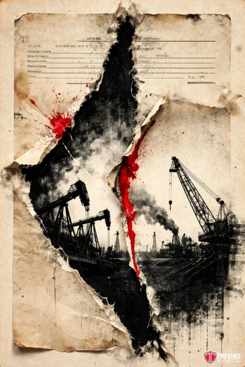 Bypassing the Workers Compensation Shield via Third Party Liability. A weathered, torn paper reveals a black-and-white industrial scene with pumpjacks and cranes. Red paint splatters and a blood-like streak cross the image. The background shows a form with faded text. The artwork evokes themes of pollution and environmental destruction.