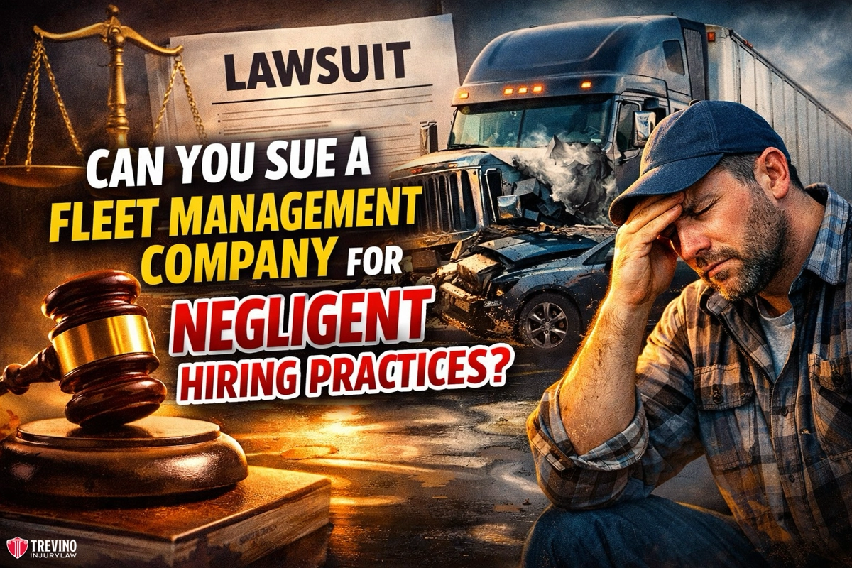 Can-You-Sue-a-Fleet-Management-Company-for-Negligent-Hiring-Practices A distressed man in a cap sits with his hand on his forehead in front of a crashed truck and a gavel. Large text asks, "Can you sue a fleet management company for negligent hiring practices?" with a lawsuit document in the background.