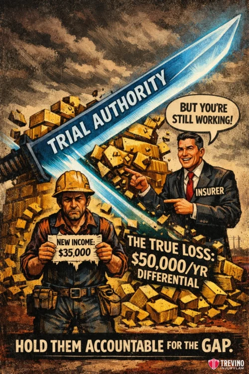 Can you claim lost earning capacity if you return to work in a different industry? A construction worker holds a sign reading “New income: $35,000,” looking frustrated. Behind him, a cheerful man in a suit holds bags of money. A giant sword labeled “Trial Authority” divides them. Text highlights “$50,000/yr differential.” Bottom text reads: “Hold them accountable for the gap.”.