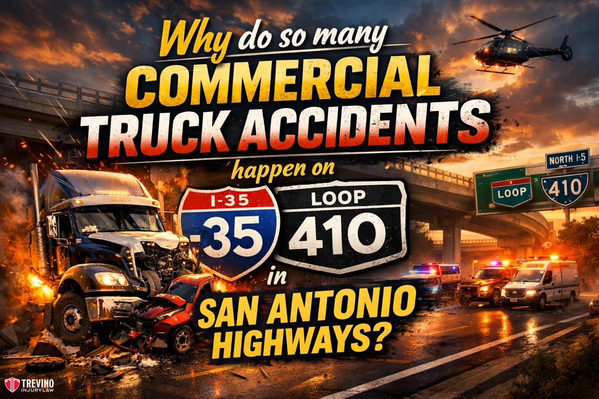 Coomercial-truck-accidents-18-wheeler. A dramatic scene of a semi-truck accident under a highway overpass, with police cars, a fire, emergency lights, and a rescue helicopter overhead. Large text asks why so many commercial truck accidents happen on I-35 and Loop 410 in San Antonio.