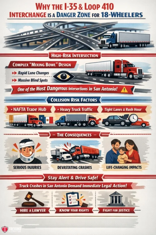 Danger-zone-18-wheeler Infographic titled "Why the I-35 & Loop 410 Interchange is a Danger Zone for 18-Wheelers" shows trucks, accident scenes, warning icons, and lists intersection risks, collision factors, consequences like injuries, and safety tips such as hiring a lawyer after crashes.