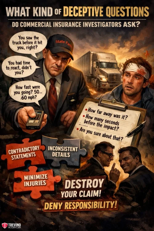 Deceptive-questions-19-wheeler. A stern man in a “State Farm” hat questions an injured, bandaged man about a truck crash, highlighting deceptive questions. Puzzles labeled “Contradictory Statements,” “Inconsistent Details,” and “Minimize Injuries” point to “Destroy Your Claim!” and “Deny Responsibility!”.