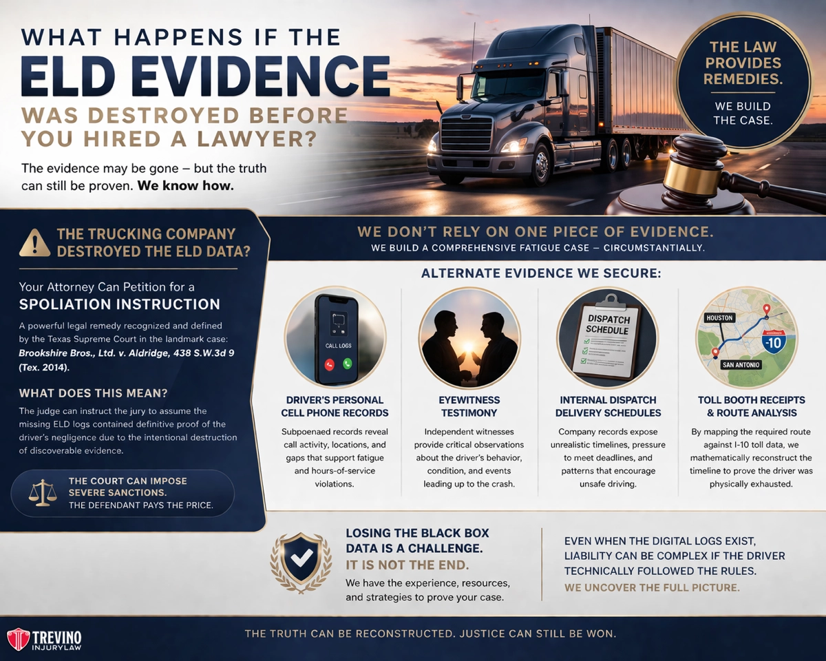 ELD-evidence-destroyed. An infographic titled "What Happens if the ELD Evidence Was Destroyed Before You Hired a Lawyer?" explains how alternate evidence can be used in truck accident cases. It includes icons, text boxes, legal citations, and visuals of trucks, documents, and mobile phones.