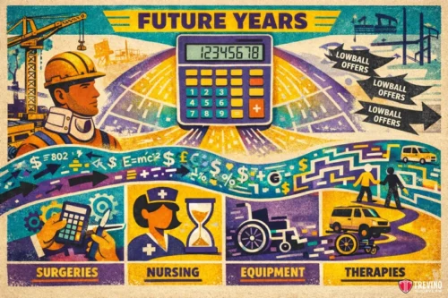 Economic Modeling and Life Care Plans for Permanent Construction Injuries. A retro-style illustration features a construction worker, a large calculator, “Lowball offers” signs, and icons for surgeries, nursing, equipment, and therapies. The image highlights financial planning and costs for future healthcare and disability needs.