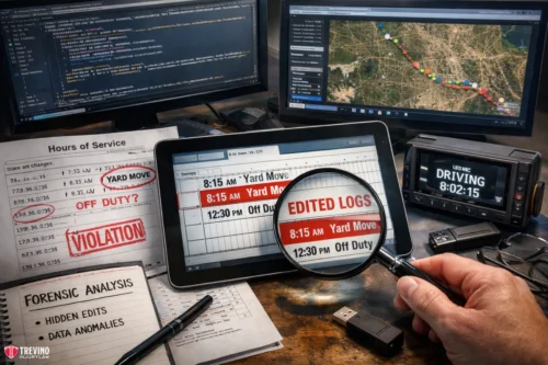 Edited-logs. A hand holds a magnifying glass over a tablet showing edited truck driver logs. "EDITED LOGS" and "VIOLATION" are highlighted. Nearby are papers on forensic analysis, a GPS map on a monitor, a device displaying “DRIVING 8:02:15,” and code on a laptop.