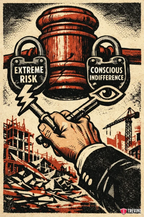Establishing Gross Negligence Against General Contractors. An illustrated hand holds two keys labeled “EXTREME RISK” with a lightning bolt and “CONSCIOUS INDIFFERENCE” with an eye symbol, aiming at two padlocks on a judge’s gavel. In the background are partially demolished buildings and a crane.