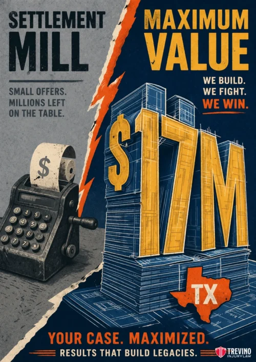 Evaluating Multi Million Dollar Wrongful Death Settlements in Texas. A split poster: left shows a vintage calculator and receipt with "Settlement Mill," gray tones, and text about small offers. Right side is bold with a blue and orange city skyline, "$17M," "TX," and slogans about maximizing case value, winning, and building legacies.