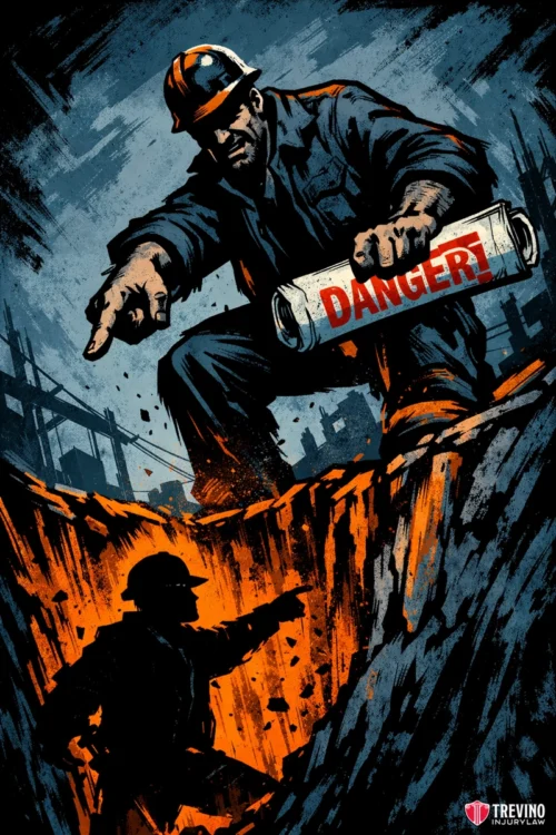 Evidentiary Standards for Proving Gross Negligence in Texas. An intense, stylized illustration shows a construction worker looming over a fiery trench, holding a tube labeled "DANGER" and pointing forcefully. Another worker is silhouetted below amid flames, with a dramatic, industrial backdrop and gritty textures.
