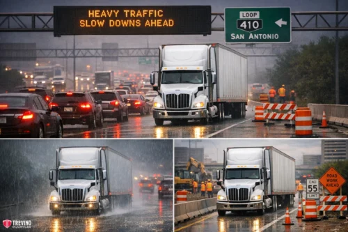 Heavy-traffic-18-wheeler Three photos show a white semi-truck driving on a wet highway in heavy rain. Traffic cones, orange signs, and cars are visible. The top image features an overhead electronic sign that reads “HEAVY TRAFFIC SLOW DOWNS AHEAD” near a San Antonio road sign.