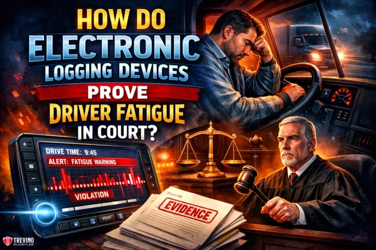 How-Do-Electronic-Logging-Devices-Prove-Driver-Fatigue-in-Court. A tired truck driver slumps at the wheel at night. A judge holds a gavel beside a scales of justice and a folder labeled "evidence." A display shows “Fatigue Warning” and “Violation.” Bold text asks how electronic logging devices prove driver fatigue in court.
