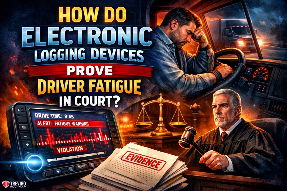 How-Do-Electronic-Logging-Devices-Prove-Driver-Fatigue-in-Court. A tired truck driver slumps at the wheel at night. A judge holds a gavel beside a scales of justice and a folder labeled "evidence." A display shows “Fatigue Warning” and “Violation.” Bold text asks how electronic logging devices prove driver fatigue in court.