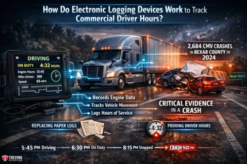 How-Do-Electronic-Logging-Devices-Work-to-Track-Commercial-Driver-Hours. An infographic shows a semi-truck near a crash scene, illustrating how electronic logging devices (ELDs) track commercial driving hours. It highlights ELD functions, a crash timeline, and 2,684 CMV crashes in Bexar County in 2024.