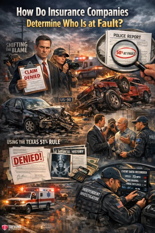 How-Do-Insurance-Companies-Determine-Who-Is-at-Fault. A dramatic illustration shows detectives, police, and reporters at a car crash scene. Documents read "Claim Denied," "50% at Fault," and "Denied!" with charts and evidence like a black box, medical history, and witness interviews around wrecked vehicles.