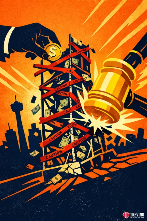 How Do Specific OSHA Scaffolding Violations Prove Negligence in San Antonio? A giant hand drops a coin onto a money-filled, unstable building wrapped in caution tape. A huge gavel smashes the building, scattering cash and debris. The background features an orange sky and city skyline. The image symbolizes financial instability and legal action.