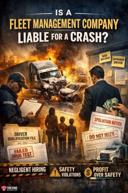 How-Do-You-Prove-a-Fleet-Management-Company-Is-Liable-for-a-Crash A fiery semi-truck crash scene is investigated by two men holding files labeled “Failed Drug Test” and “Do Not Delete.” Children and adults look on. Text asks if fleet management companies are liable for crashes, highlighting safety, hiring, and training issues.