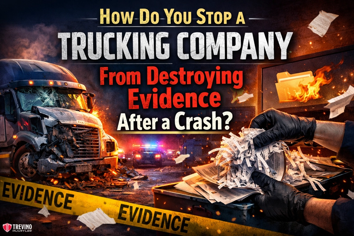 How-Do-You-Stop-a-Trucking-Company-From-Destroying-Evidence-After-a-Crash. A damaged semi-truck sits with police lights flashing behind it at night. Torn documents and shredded papers fly through the air. Large yellow "EVIDENCE" tape runs across the foreground. The text asks, "How do you stop a trucking company from destroying evidence after a crash?.