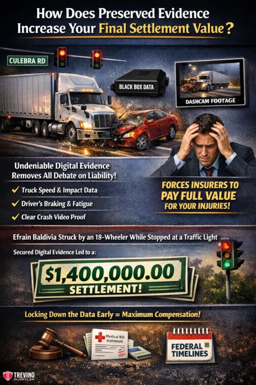 How-Does-Preserved-Evidence-Increase-Your-Final-Settlement-Value. A graphic showing a truck crash, black box data, and dashcam footage highlights how preserved digital evidence boosts settlement value. Text claims $1,400,000 settlement, with legal documents, timelines, and Trevino Injury Law branding at the bottom.