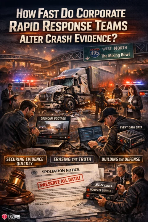 How-Fast-Do-Corporate-Rapid-Response-Teams-Alter-Crash-Evidence. A dramatic scene shows suited professionals at a nighttime highway crash site with a wrecked truck. Laptops display “dashcam footage” and “event data data.” Captions and papers suggest rapid response teams erase evidence, secure data, and prepare legal defenses.