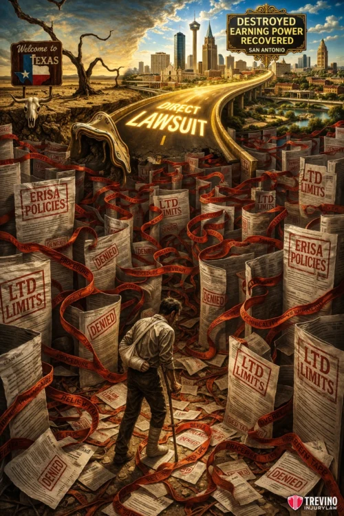 How do non subscriber employer policies complicate earning capacity claims? A man stands among piles of denied LTD claims and red tape. He faces a golden road labeled "Direct Lawsuit" leading to a shining cityscape labeled "Destroyed Earning Power Recovered, San Antonio." A “Welcome to Texas” sign marks a dry, cracked landscape on the left.