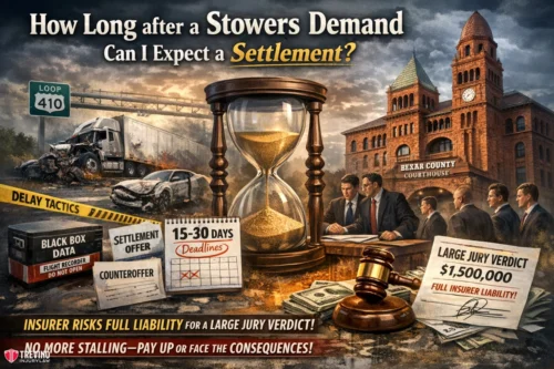 How-long-stowers-demand-18-wheeler .A dramatic illustration shows a crashed truck near Loop 410, lawyers at a table with courtroom documents, an hourglass, the Bexar County Courthouse, and text about settlement timelines, Insurer Strict Liability, and Policy Limit Settlements after a Texas Stowers Demand.