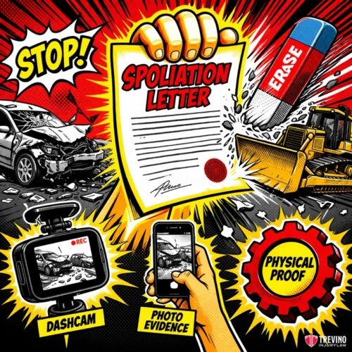 Immediate Evidence Preservation for Heavy Machinery Claims. Comic-style image: A large hand holds a “Spoliation Letter” as a bulldozer and eraser attempt to erase evidence from a car crash. Surrounding graphics include a dashcam, a phone taking photos, a "STOP!" sign, and a gear labeled “Physical Proof.”.