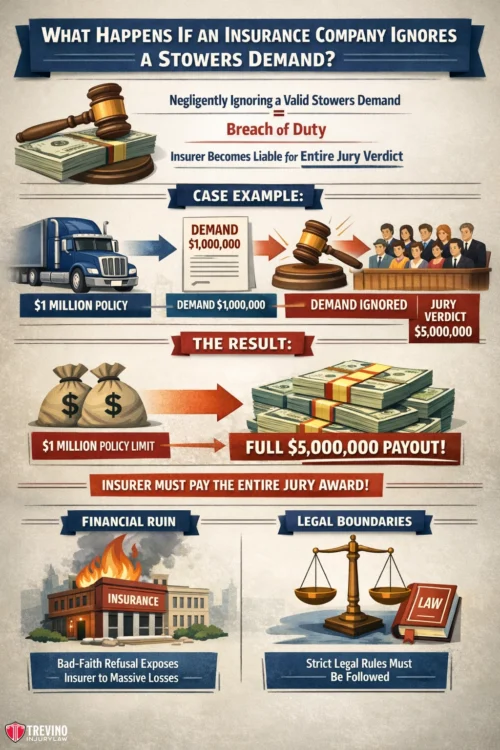 Insurance-company-stowers-demand. Infographic explains that ignoring a Stowers Demand can cause insurers to pay more than policy limits. A truck and jury scene illustrate a $1M policy, $5M verdict, and insurer liability. Icons show financial ruin and law books for legal rules. Text explains the legal risks.