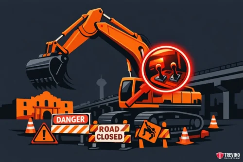 Investigating Operator Negligence in San Antonio Heavy Equipment Crashes. Illustration of an orange excavator at a construction site at night, surrounded by “DANGER,” “ROAD CLOSED,” and warning signs. Traffic cones and barriers are in front. A glowing red circle highlights two excavator control levers inside the cab.