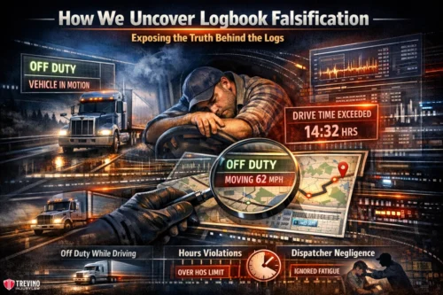 Logbook-falsification. An infographic shows a tired truck driver asleep at a desk, a semi-truck on a road, digital logs, maps, and highlighted violations like “Off Duty Moving 62 MPH.” Text details uncovering logbook falsification and issues such as hours violations and dispatcher negligence.