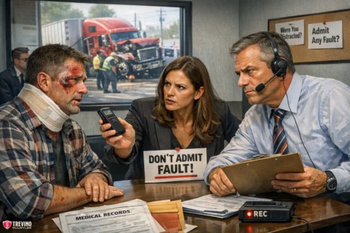 Medical-records-18-wheeler. A battered man with a neck brace sits at a table with medical records. A woman holds a recorder toward him, and a man in a headset takes notes. A sign reads "DON'T ADMIT FAULT!" A crash scene with an ambulance is visible outside the window.