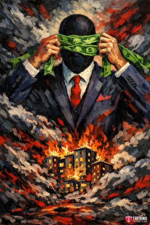 Negligent Security Criminal Assaults and Third Party Violence. A headless figure in a suit ties a green blindfold with dollar signs over their head. Below, buildings explode in flames and smoke. The artwork is painted in bold, dramatic brushstrokes with a chaotic, fiery background.