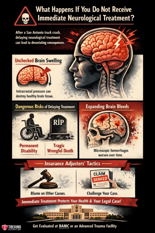 Neurological-treatment-18-wheeler. An infographic on delayed neurological treatment after a crash: brain with swelling, skull with bleed, icons for disability and death, “claim denied” stamp, and warnings about permanent disability, greater risk of death, insurance denials, and getting immediate treatment.